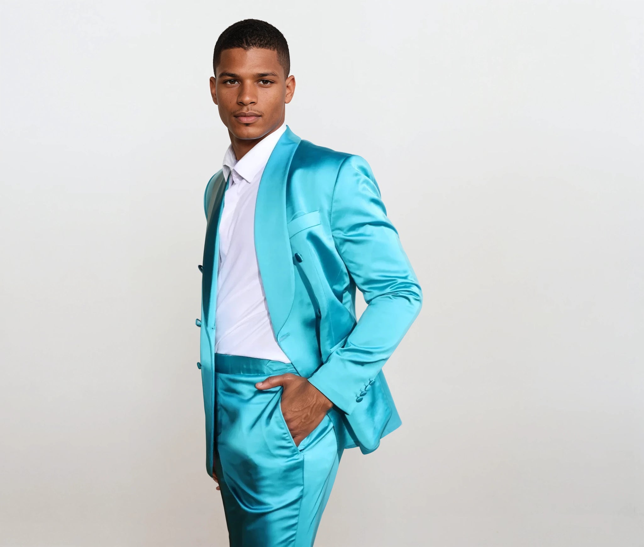 Aqua double breast shawl collar suit