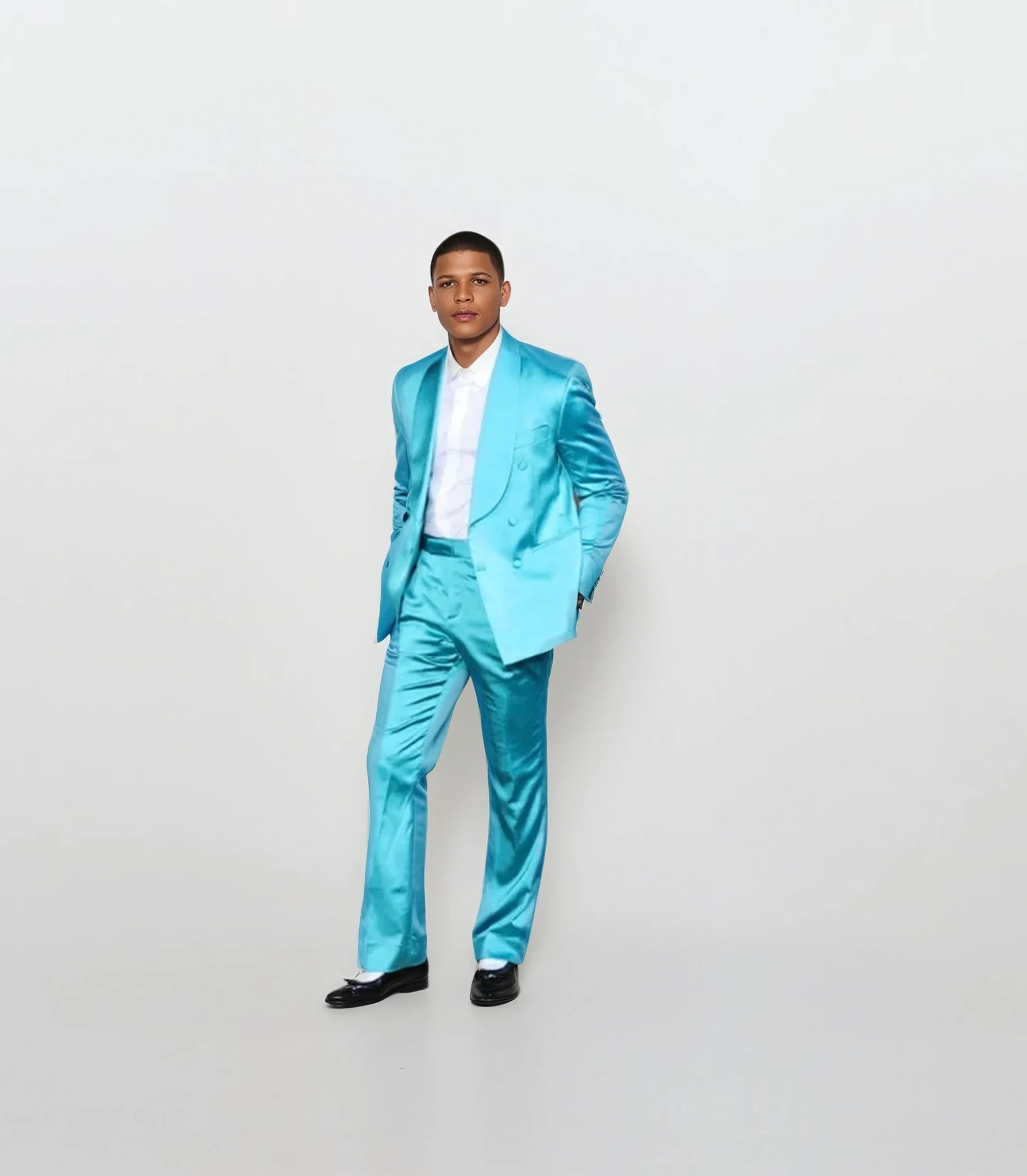 Aqua double breast shawl collar suit